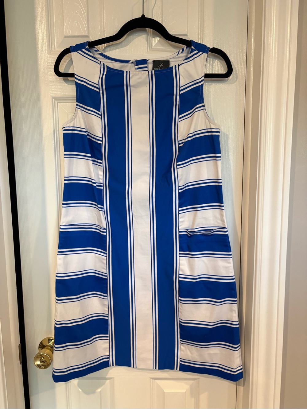 Adrianna Papell Blue and White Striped Sleeveless Shift Dress